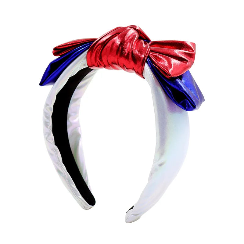 Finestyle New Arrival American Flag Color July 4th Colors White Blue and Red Iridescent Color Elastic Polyester Bow Tie Headband