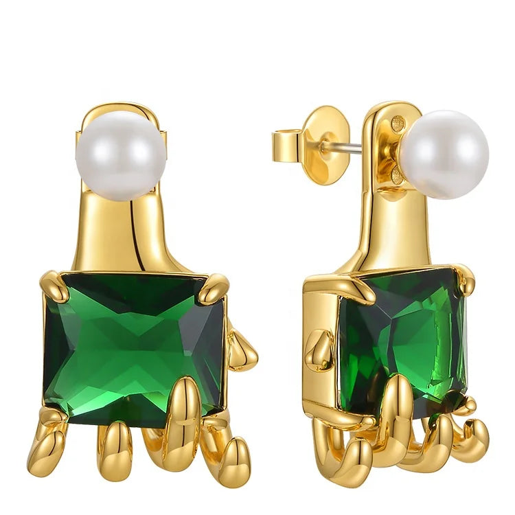 18K Gold Plated Brass Jewelry Hand Shape Blue and Green Stone Accessories Stud Earrings E211270