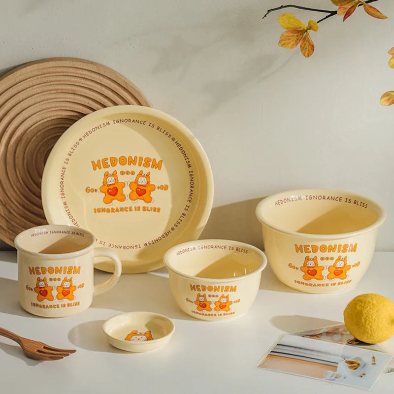 Korean Ins Style Cartoon Dinnerware Cute Cream Color Lettering Ceramic Plate Cartoon Animal Salad Bowl