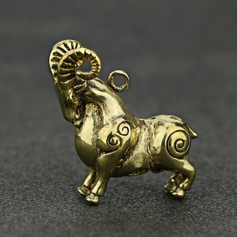 CA036 Brass Zodiac Vintage Keychain Micro-carved Bronze Pendant Little Goat Decoration Crafts