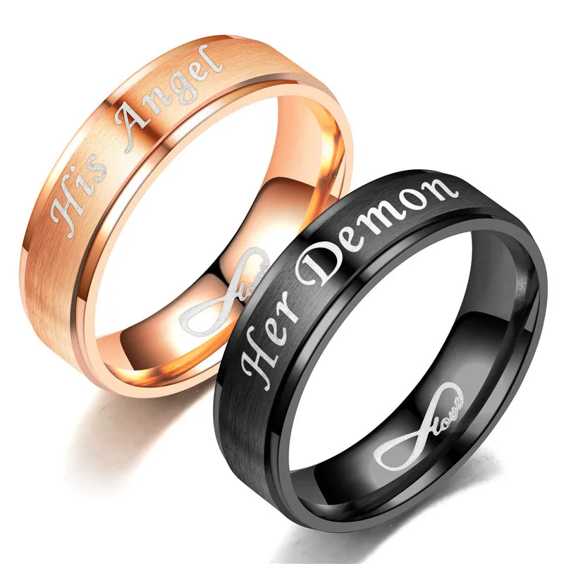 6mm Fashion New Titanium Steel Her Demon His Angel Couple Ring Stainless Steel Frosted Angel and Demon LOVE Couple Ring