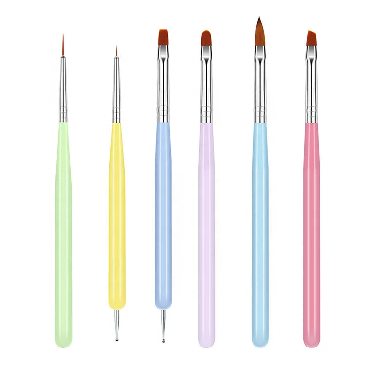 New Nail Art Tool Double Head Macaron Candy Color Wood Angled Liner Gel 6pcs Nail Brush Set