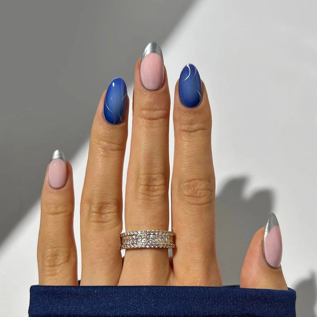 Custom Blue and Silver Combo Chrome Design Luxury Artificial Fingernails Wholesale Almond Soft Gel French Winter Press on Nails