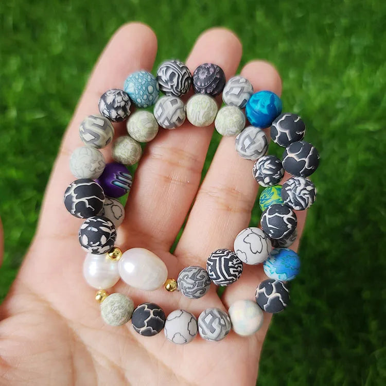 BB1028 Vinyl Genuine Freshwater Pearl Beaded Bracelets Rainbow Polymer Clay Round Beads Bohemian Bracelets