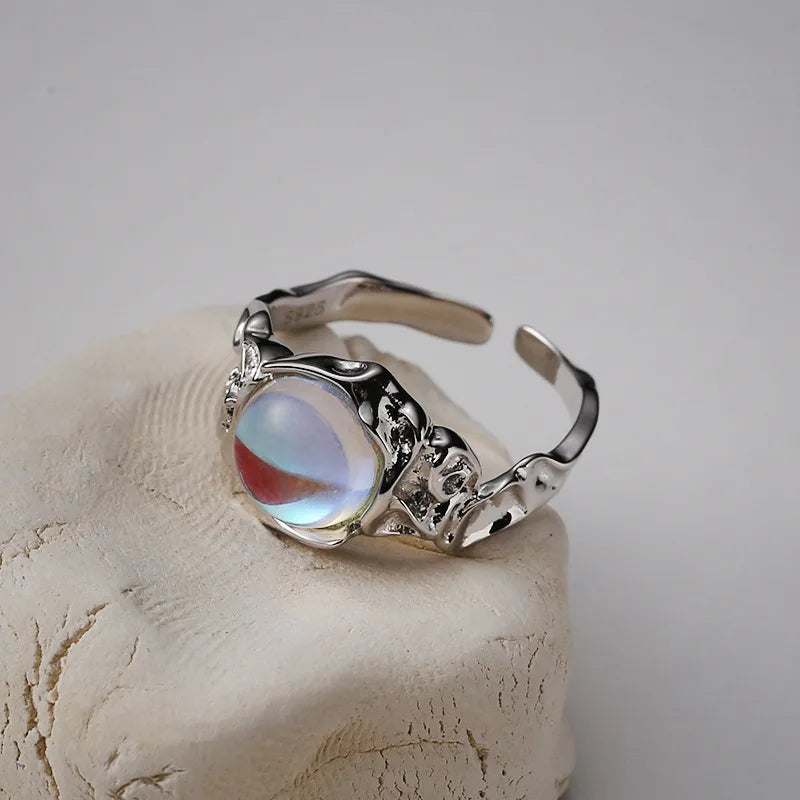 925 Sterling Silver Vintage Moonstone Women Girls Ring Natural Gemstone Finger Ring