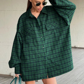 Enyami Autumn Spring Loose Blouses Women Casual Leisure Plaid Printed Oversized Long Sleeves Shirts Ladies Loose Tops Shirts