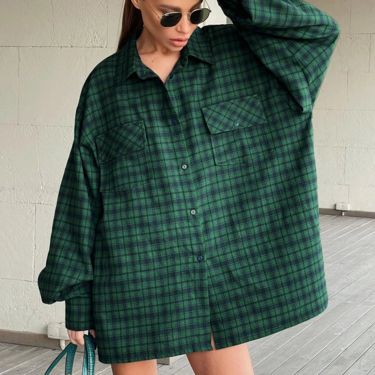 Enyami Autumn Spring Loose Blouses Women Casual Leisure Plaid Printed Oversized Long Sleeves Shirts Ladies Loose Tops Shirts