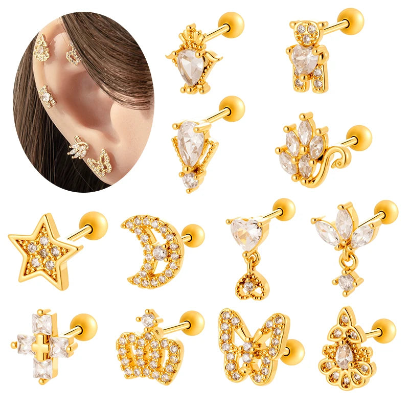 Hengsen Stainless Steel Ear Lobe Earrings Ab Crystal Flower Shape Screw Back Stud Earring Cartilage Conch Helix Piercing Jewelry