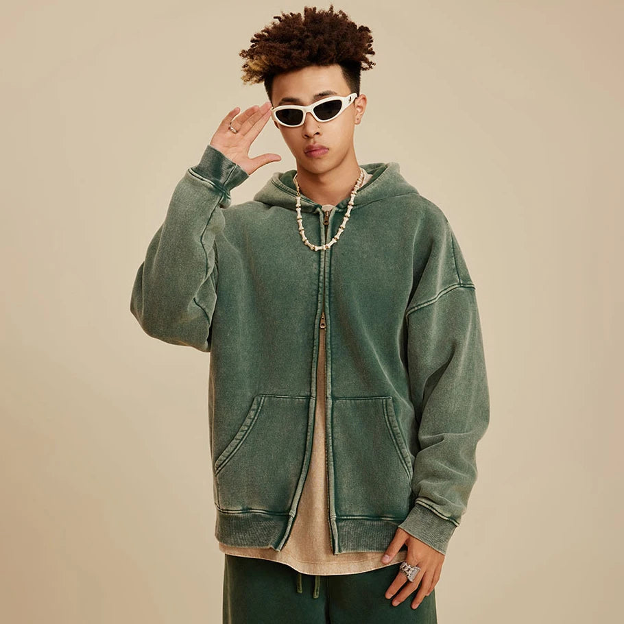 Black Washed Vintage Distressed Acid Wash Hooded Zipper Hoodie Unisex Custom DIY Pattern Lined Fleece by Manufacturers