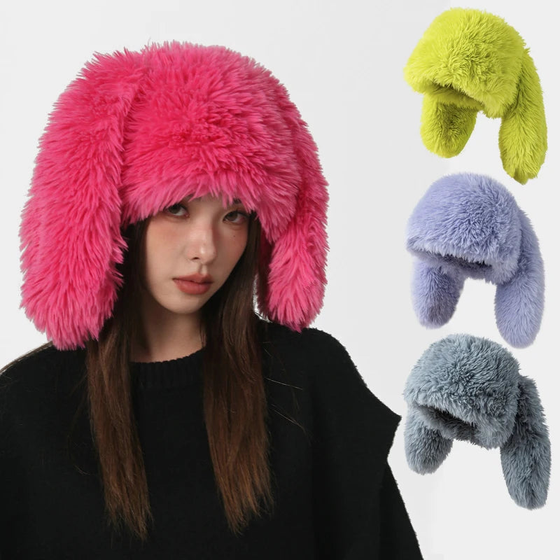 Winter Candy Color Fluffy Furry Fur Plush Bad Rabbit Bunny Ears Cute Funny Warm Y2K Beanie Hat With Ear