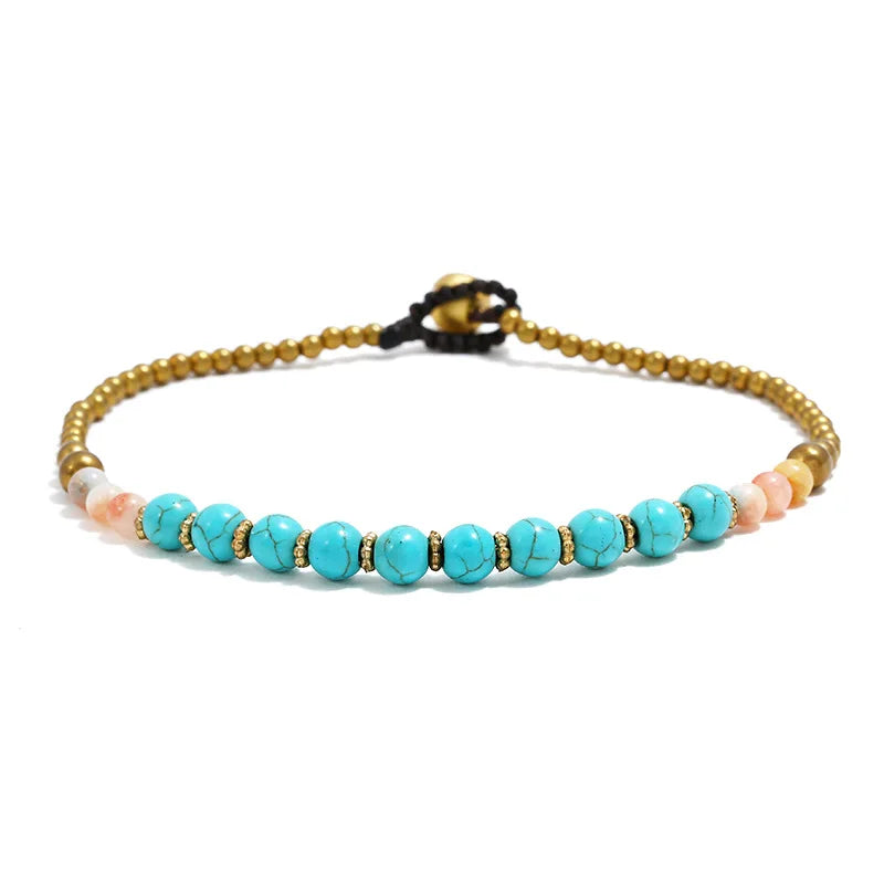 Women's Bohemian Style Simple Woven Foot Accessories Anklet with Turquoise Copper Beads Fashionable Anklets