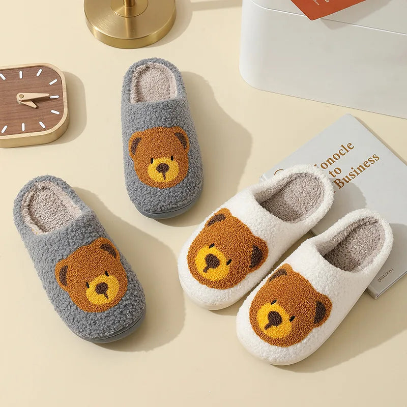 New Comfortable Home Bear Head Cotton Slippers Cute Warm Winter Cartoon Shoes for Men Women Thick Soft EVA Outsole Fur Style