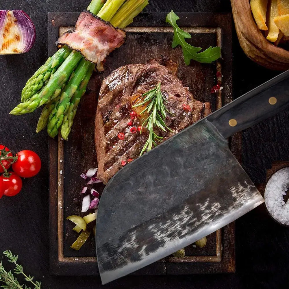 Heavy Duty Forged Butcher Knife Handmade Chef's BBQ Metal Cleaver for Outdoor Camping and Kitchen Use