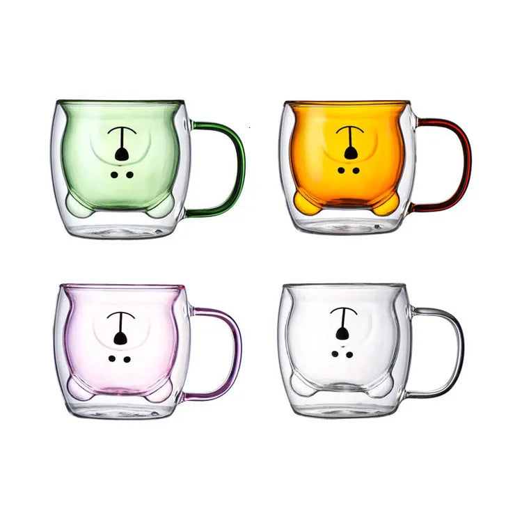 Animal Bear Shape Double Wall Glass Coffee Mug Cute Insulated Espresso Bear Glass Cup With Handle