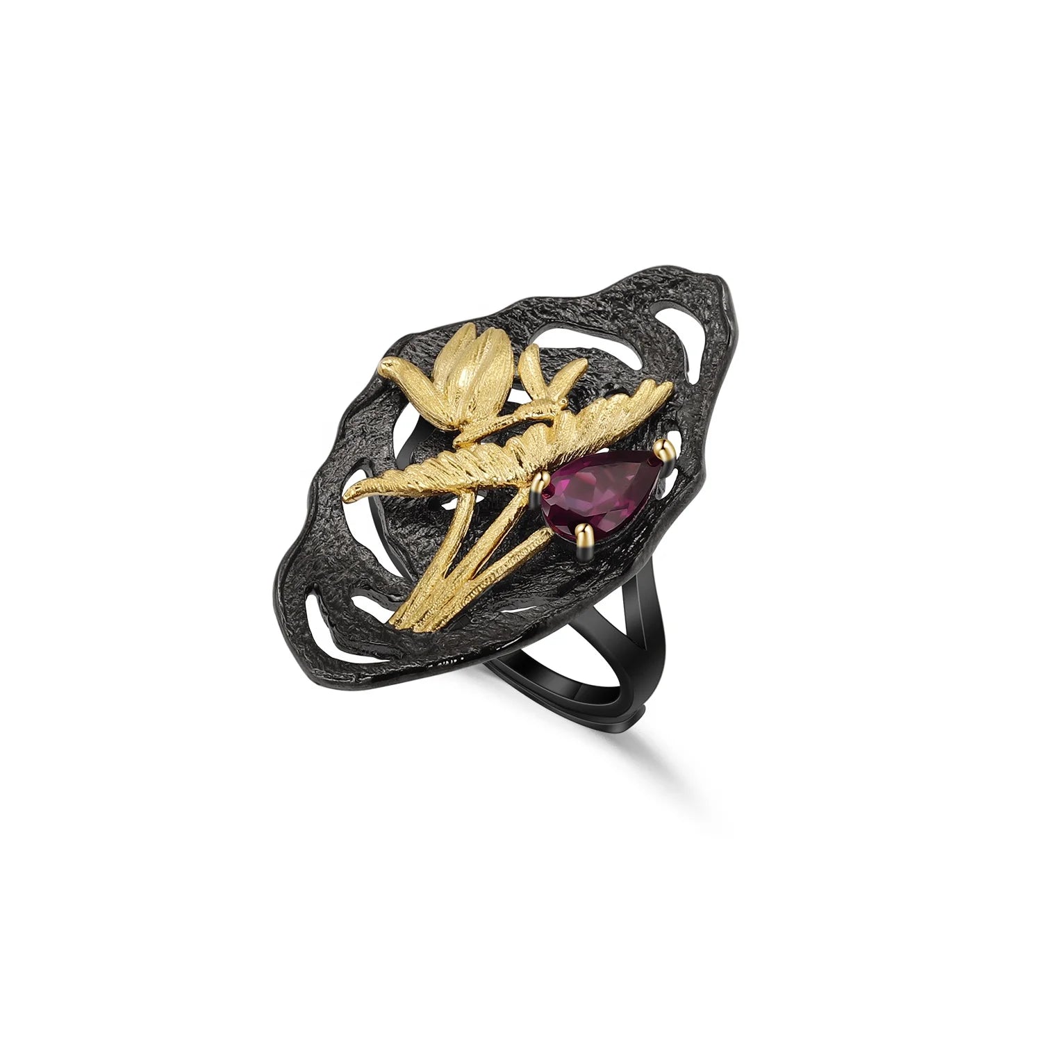 Abiding Flower Ring 925 Sterling Silver Handmade Dragonfly Lotus Natural Rhodolite Woman Adjustable Ring Party Dress Jewelry