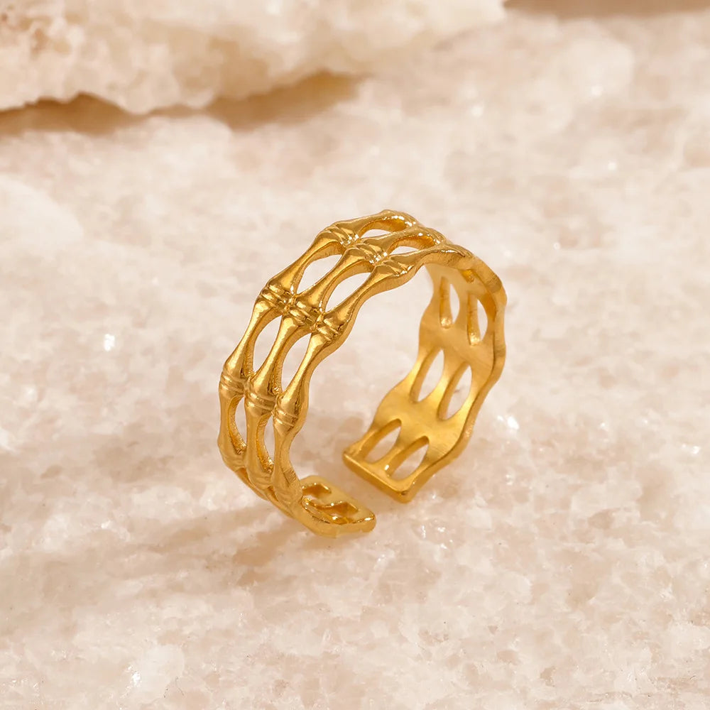 Nabest Tarnish Free Geometric Open Ring Hollow Jewelry Women Stainless Steel 18K Gold Plated Adjustable Rings