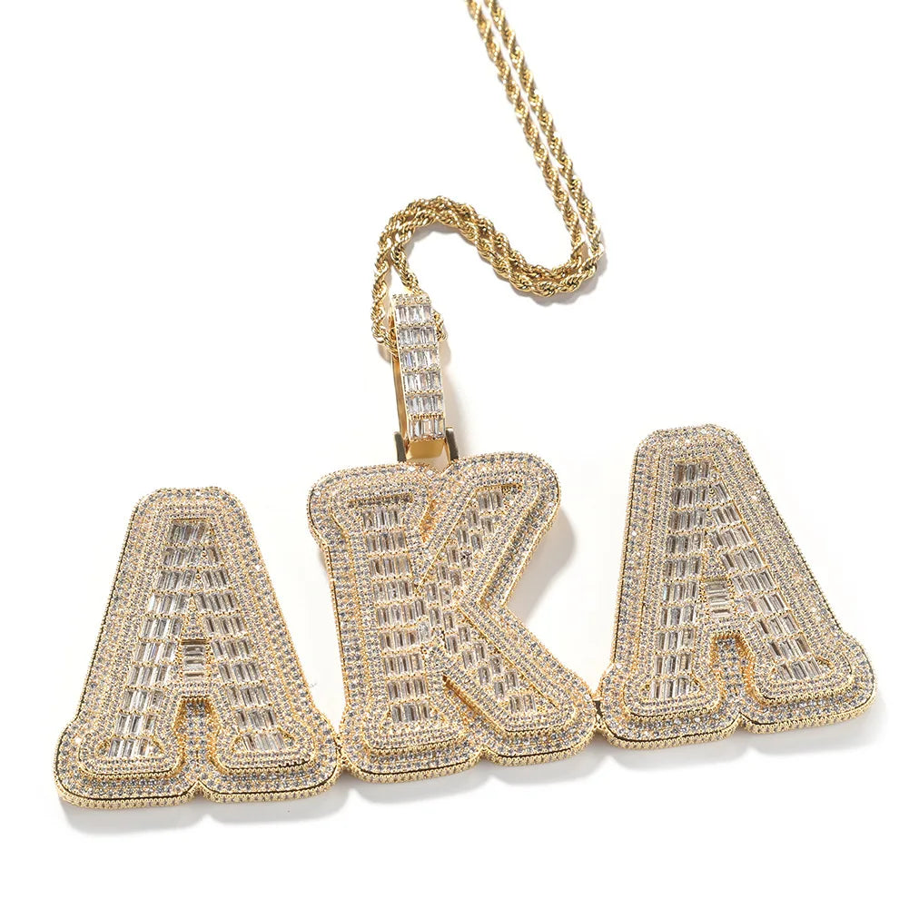 Trendy Hip Hop Name Pendant Necklace Letter Zircon Gold Jumbo Capital Alphabet Customized 18k Solid Brass Rope Chain 1pc