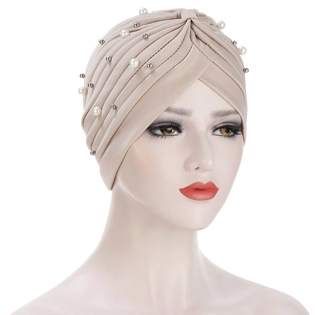 2023 New Fashion Solid Color Pleated Pearl Bead Muslim Turban Scarf Women's Pullover Headband Hat