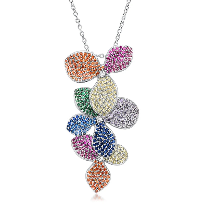 Trendy 2023 Silver 925 Necklace Jewelry Women Accessories Colorful Cubic Zirconia 18k Gold Diamond Flower Pendant Leaf Design