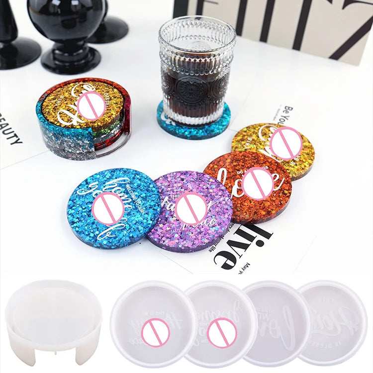 YS DIY Coaster Resin Plaster Mold Candle Silicone With Storage Box Mould Casting English Greetings Funny Words Plaster Coaster