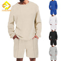 Custom Logo Men's Casual 2-Piece Terry Outfits Plain Pullover Waffle Long Sleeve Summer Sweatshirt Shorts Patchwork Pattern