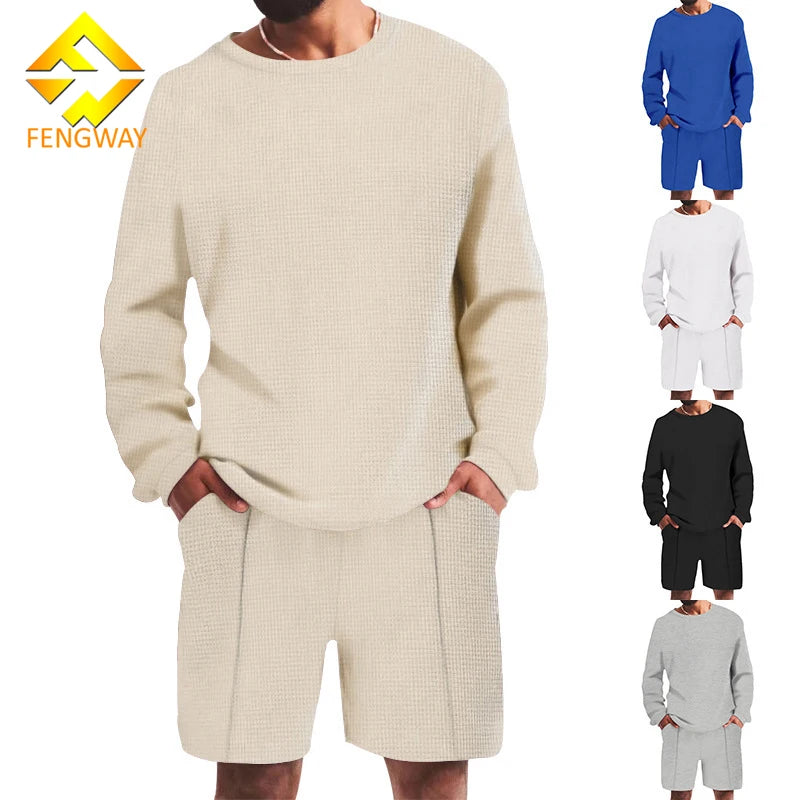 Custom Logo Men's Casual 2-Piece Terry Outfits Plain Pullover Waffle Long Sleeve Summer Sweatshirt Shorts Patchwork Pattern