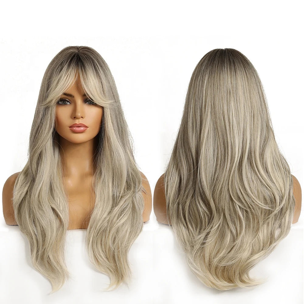 Natural Long Wavy Wigs Heat Resistant Fiber Daily Cosplay Hair Wig Synthetic Ombre Grey Golden Wig for Women