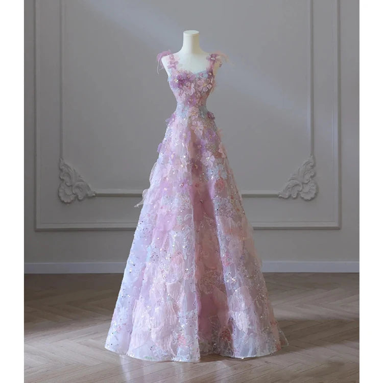XS-5XL Shiny Flower Evening Dress Wholesale Mesh 3D Flower Dress Custom logo Sleeveless Long Dress Factory Directly