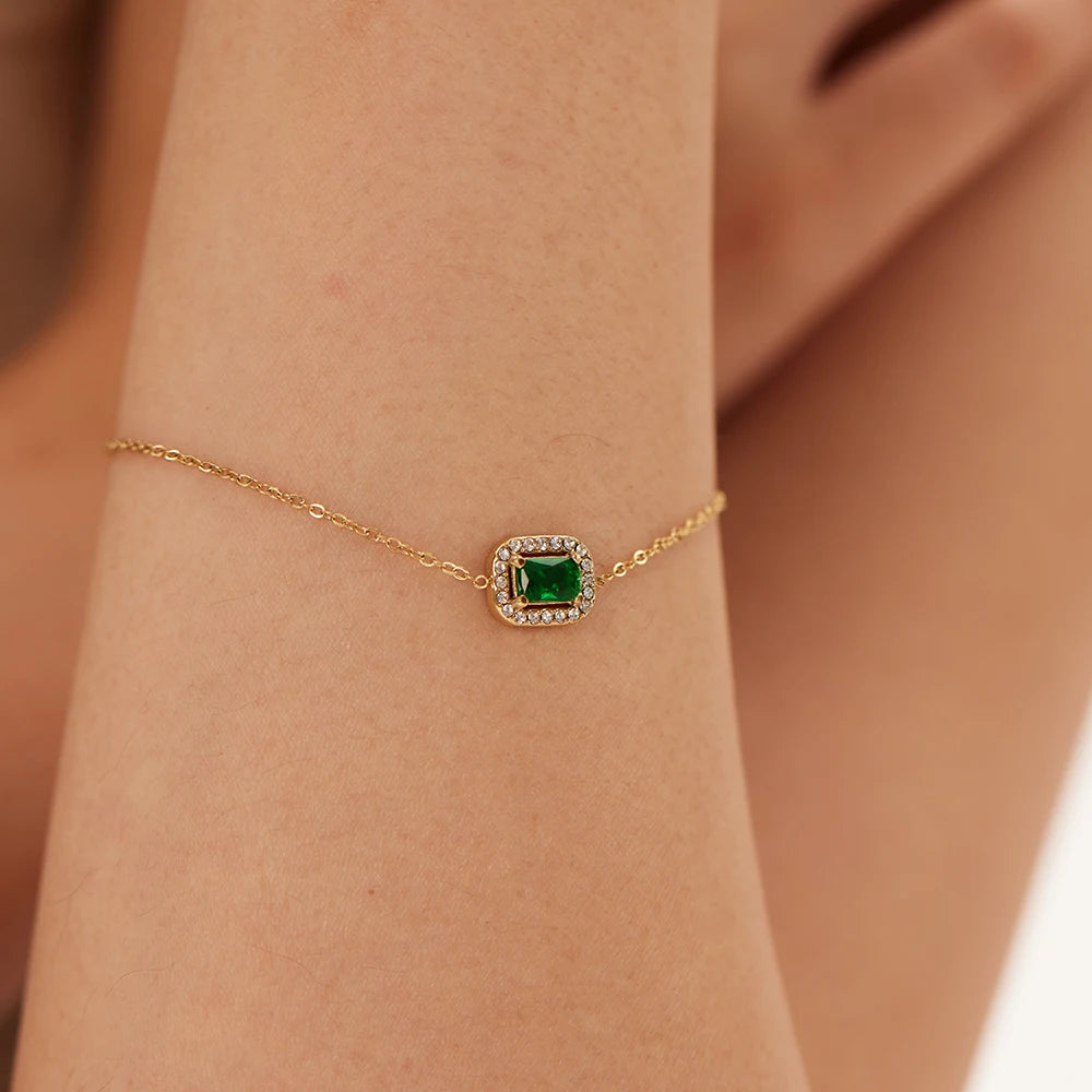 Geometric Rectangle Shaped Pendant Women Bracelet Stainless Steel 18K Gold Plated Tarnish Free Green CZ Bracelets