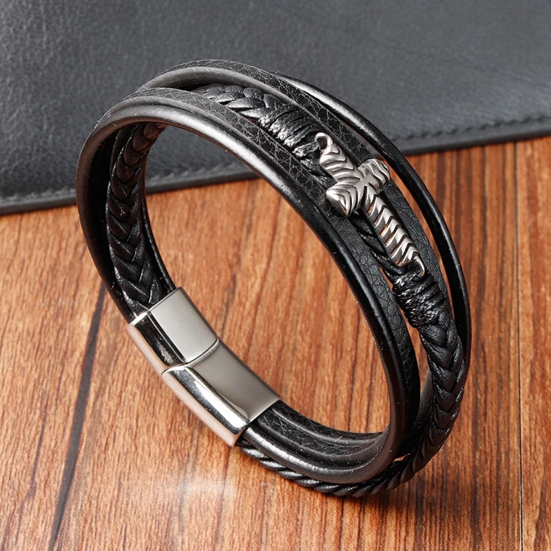 2025 Classic Cross Bracelet Black Woven Leather Rope Chain Bracelets Stainless Steel Men Jewelry