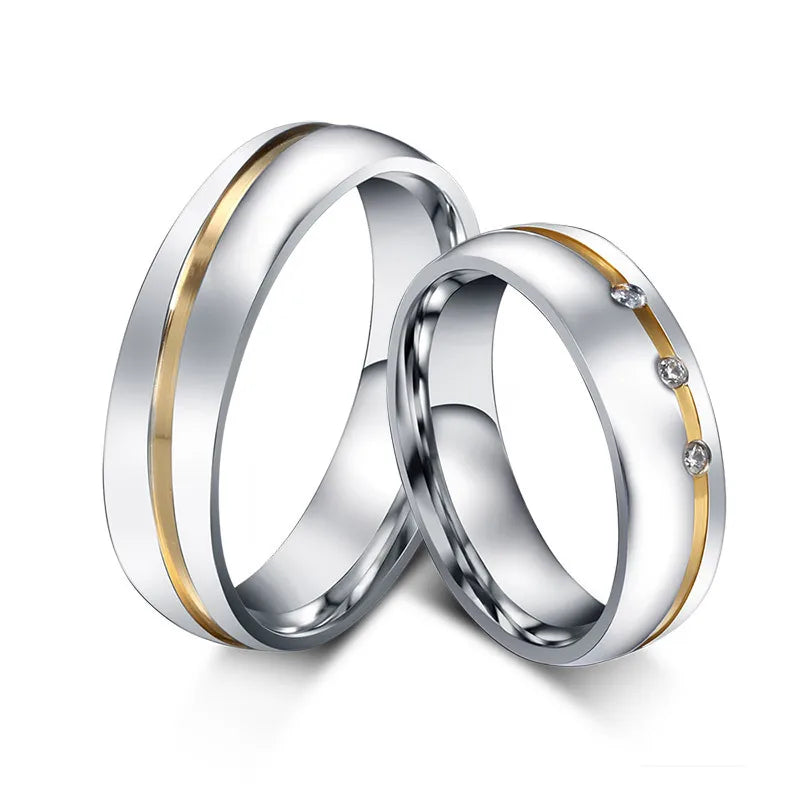 OAHLAN Men Women Wedding Jewelry 6MM Band Gold Plated Cubic Zirconia Inlay Stainless Steel Couple Lovers' Rings