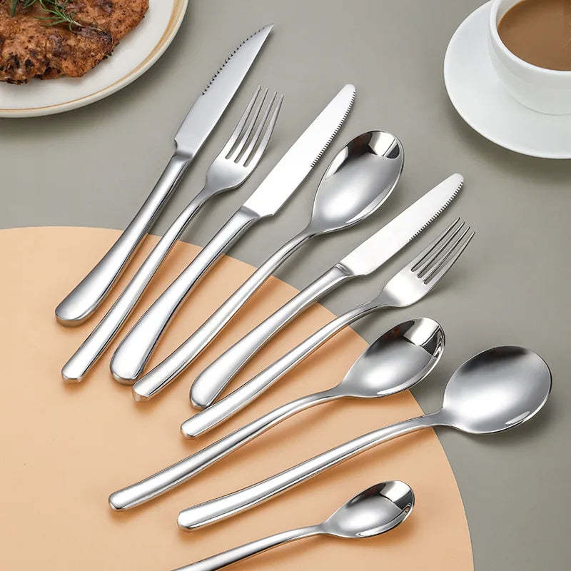 Silverware Cubiertos Stainless Steel Titanium Matte Golden Steak Butter Knife Dinner Fork Round Ice Spoon Flatware Cutlery Set