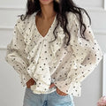 Enyami Spring Fashion White Turn Down Collar Ladies Flare Sleeve Heart Printed Blouse Shirts Women Slim Long Sleeve Shirt