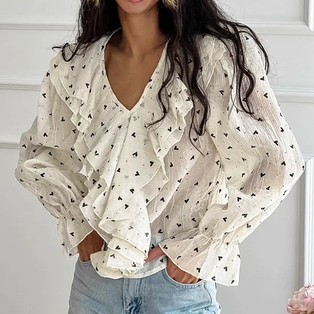 Enyami Spring Fashion White Turn Down Collar Ladies Flare Sleeve Heart Printed Blouse Shirts Women Slim Long Sleeve Shirt