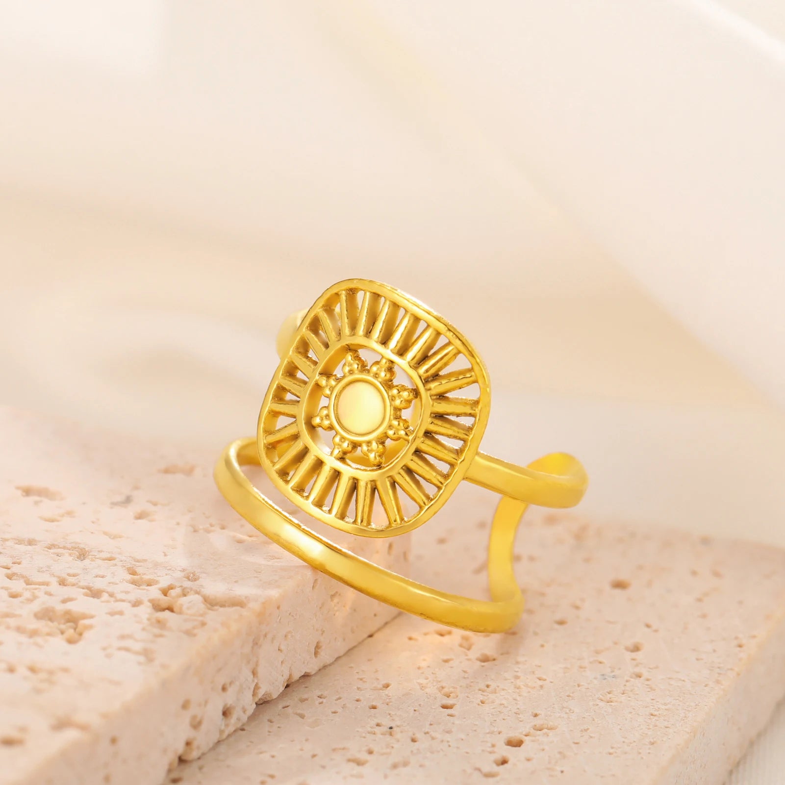 Stainless Steel Hollow Sun Pattern Ring Multi Lines Square Shape Ring Gold Plated Jewelry Gifts for Women Men