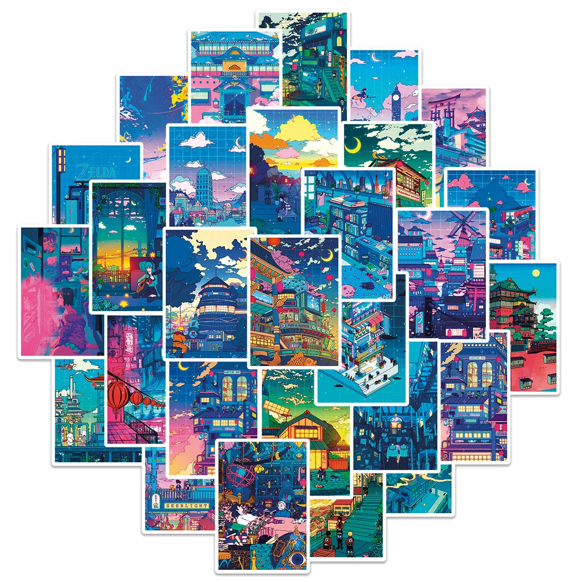 50PCS Aesthetic Urban Street Art Decals for Anime Fans Cartoon Anime Night Scene Sticker