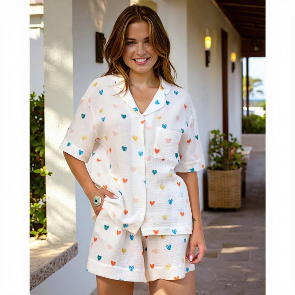 Muslin Gauze Luxury Women's Sleepwear 100% Cotton Pajamas Set with Love Heart Print and Pocket Two Piece Set for Summer
