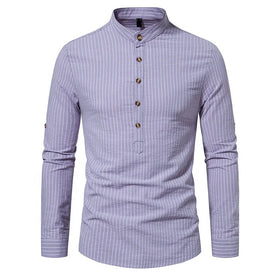 Men's Stand up Collar Shirts Autumn New Casual Long Sleeved Striped Shirts for Men