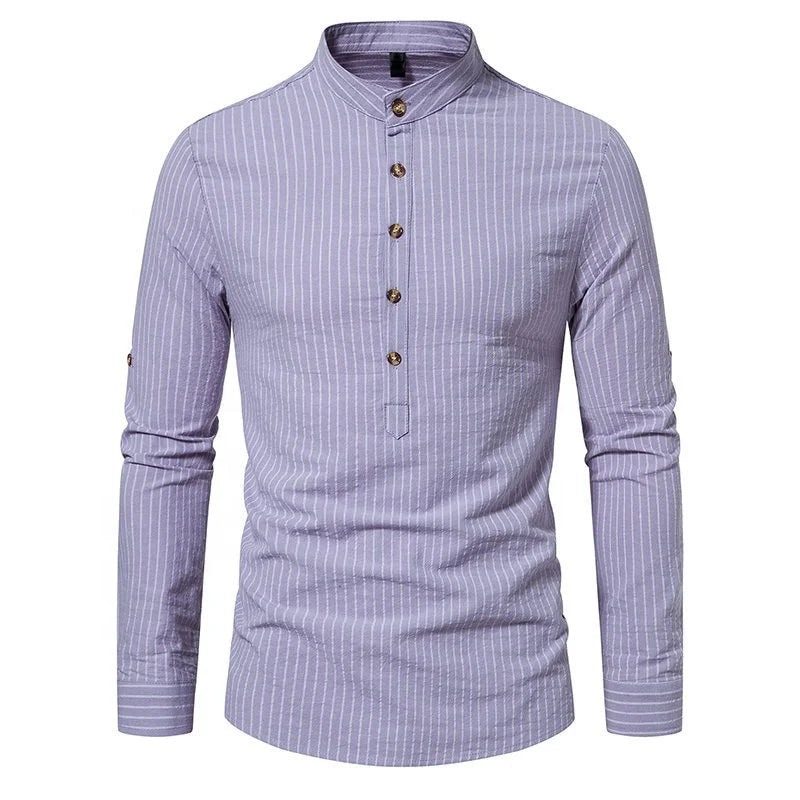 Men's Stand up Collar Shirts Autumn New Casual Long Sleeved Striped Shirts for Men