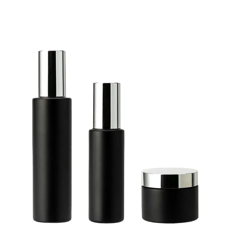 30ml 40ml 60ml 80ml 100ml 120ml Cometic Glass Packaging Set Skin Care Pump Bottle Matte Black Empty Glass Bottle Cream Jar Set