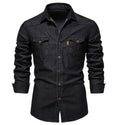 Denim Shirt With Double Pockets Spring Autumn Long Sleeve Patchwork Regular Fit Customize Shirts for Men