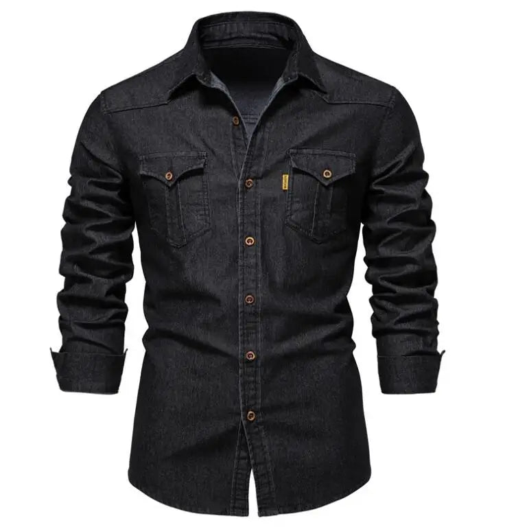 Denim Shirt With Double Pockets Spring Autumn Long Sleeve Patchwork Regular Fit Customize Shirts for Men