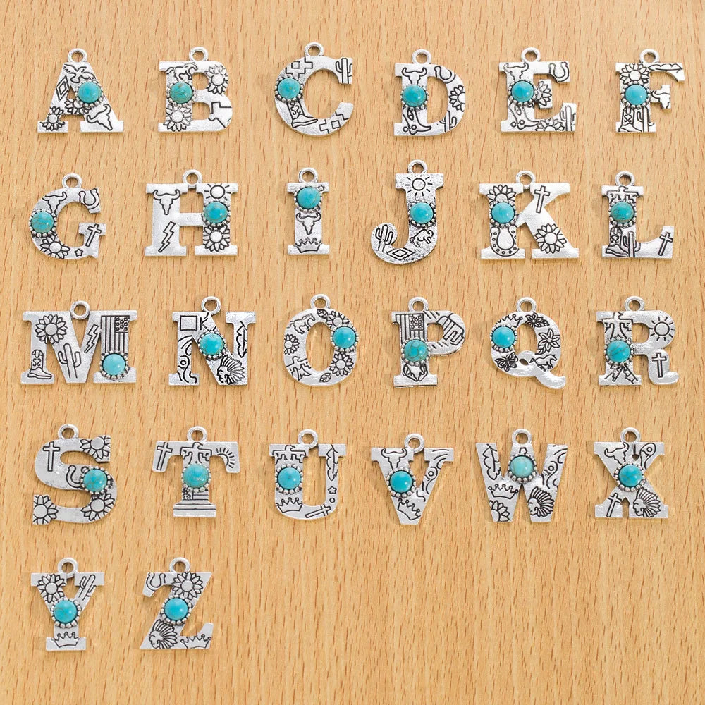 Western Style Sculpture Pattern A-Z Initial Letter Pendant Turquoise 26 Capital Letters Pendant for Diy Earrings Necklace Making