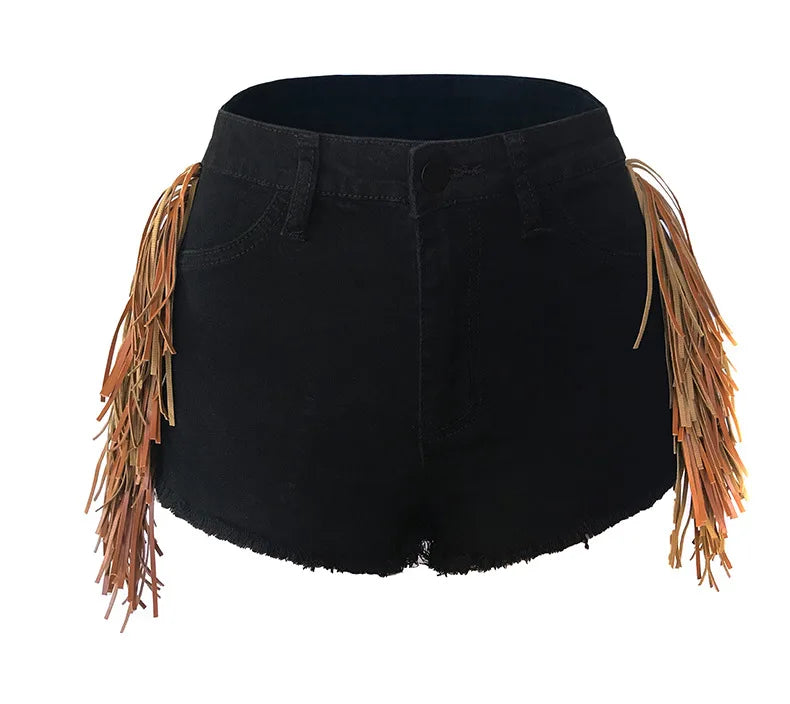 Calvera High Waist Women Side Tassel Elastic Denim Shorts Female Casual Short Jeans Summer Streetwear Ladies Shorts