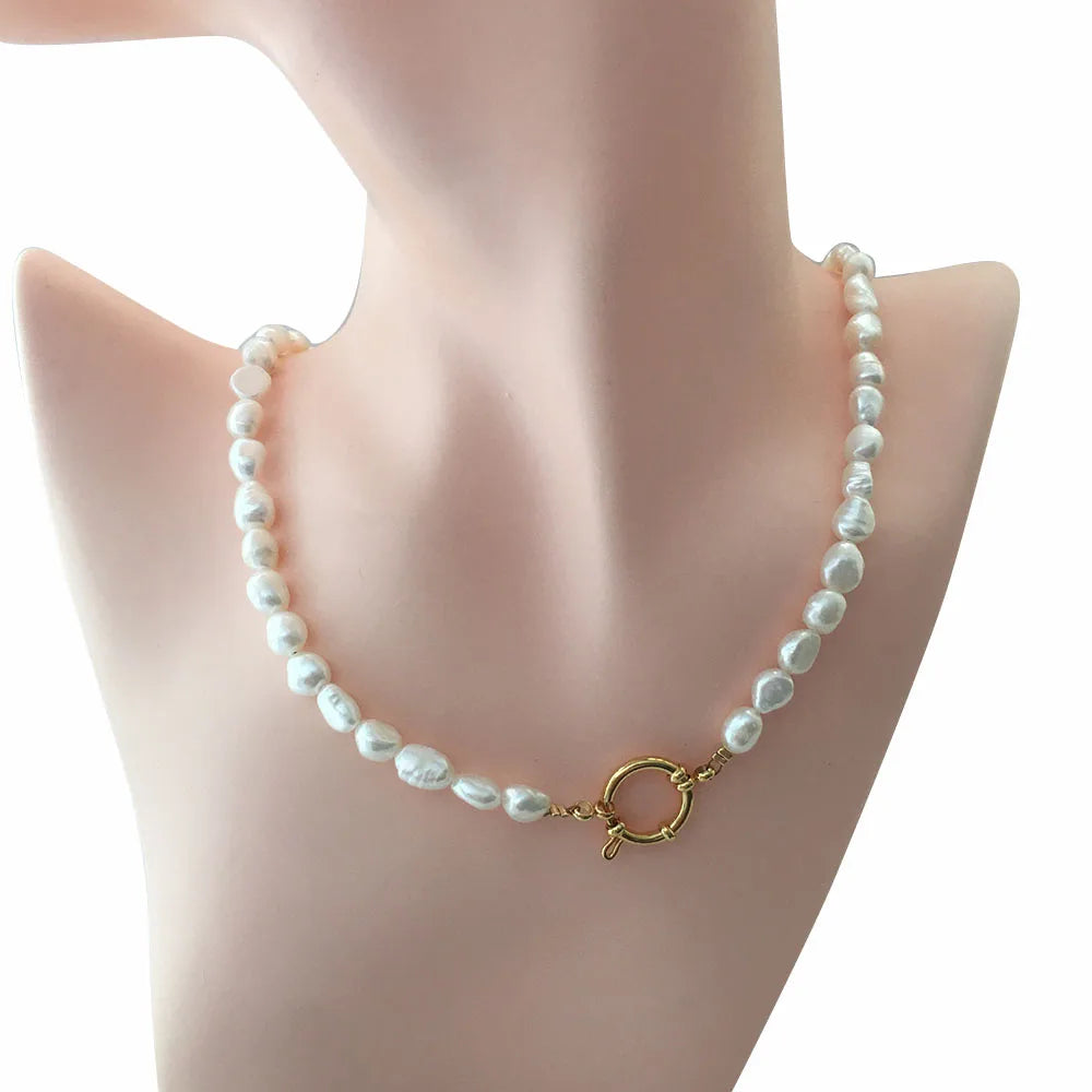 16 Inch Fashion Choker Baroque Pearl Necklace 100% Freshwater Pearl AAwidth 6.3-7.3 MM Stainless Steel 18K Gold Plated Clasp