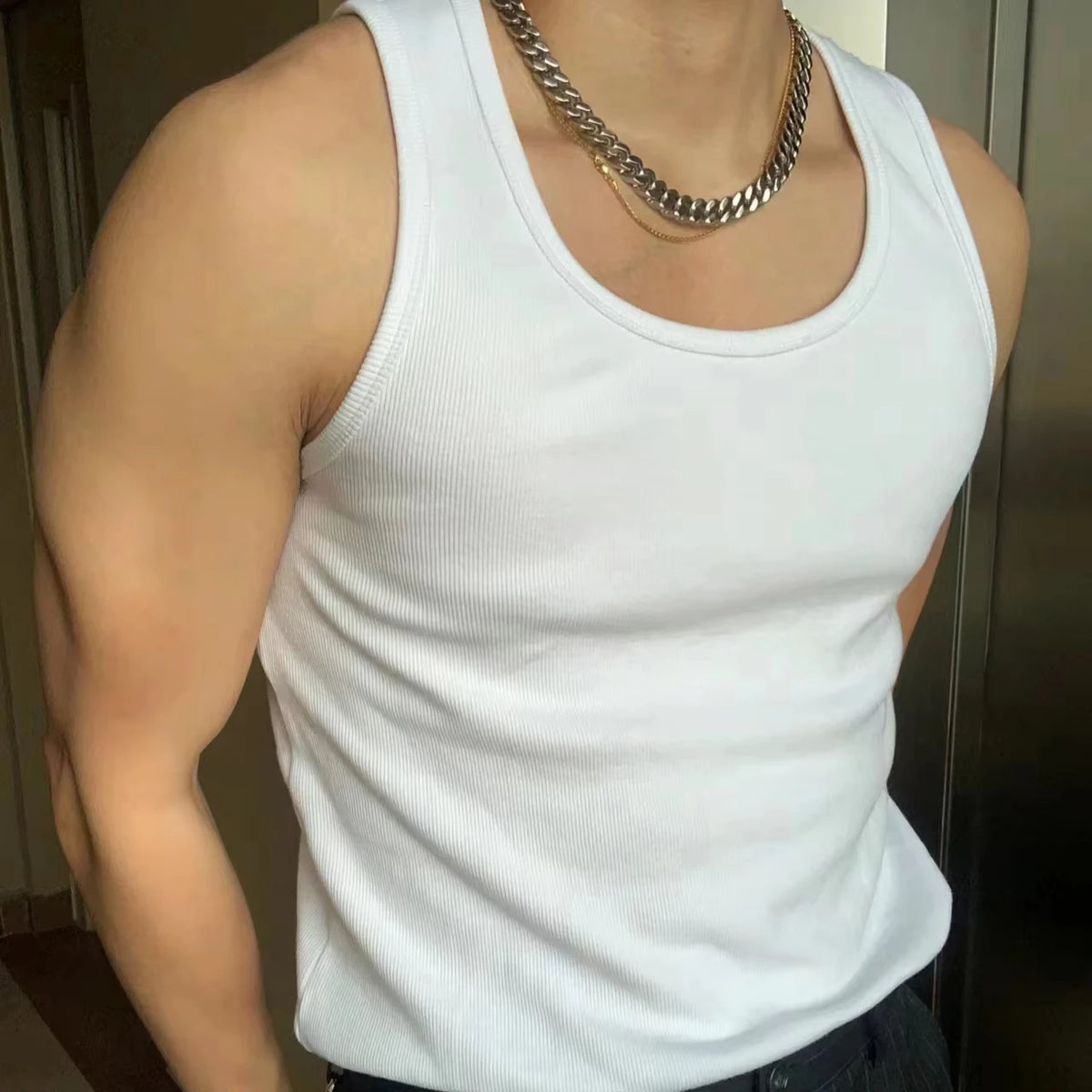 Pack of 3 White Tight Muscle Man Vest Ribbed Gym Mesn tank Top Men MegaBDM