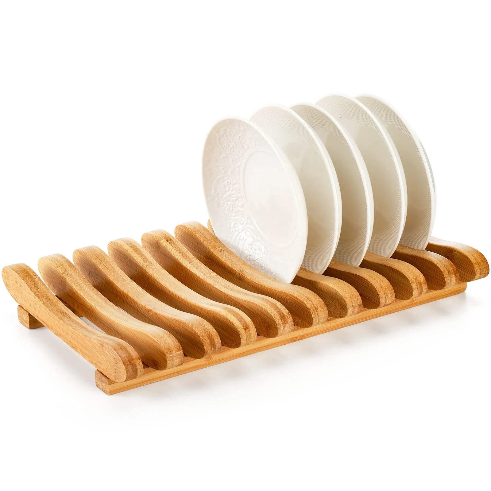 Bamboo Dish Drying Rack 10 Slots Wood Plate Stand Dish Drainer Wooden Plate Rack Pot Lid Holder Organizer for Countertop Cabinet