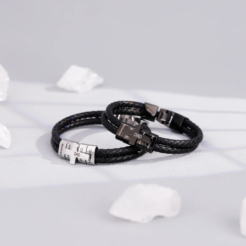 Cross Charm Engraving Name Bead Bangle Bracelet Wholesale Stainless Steel Braided Leather Bracelet Men Jewelry