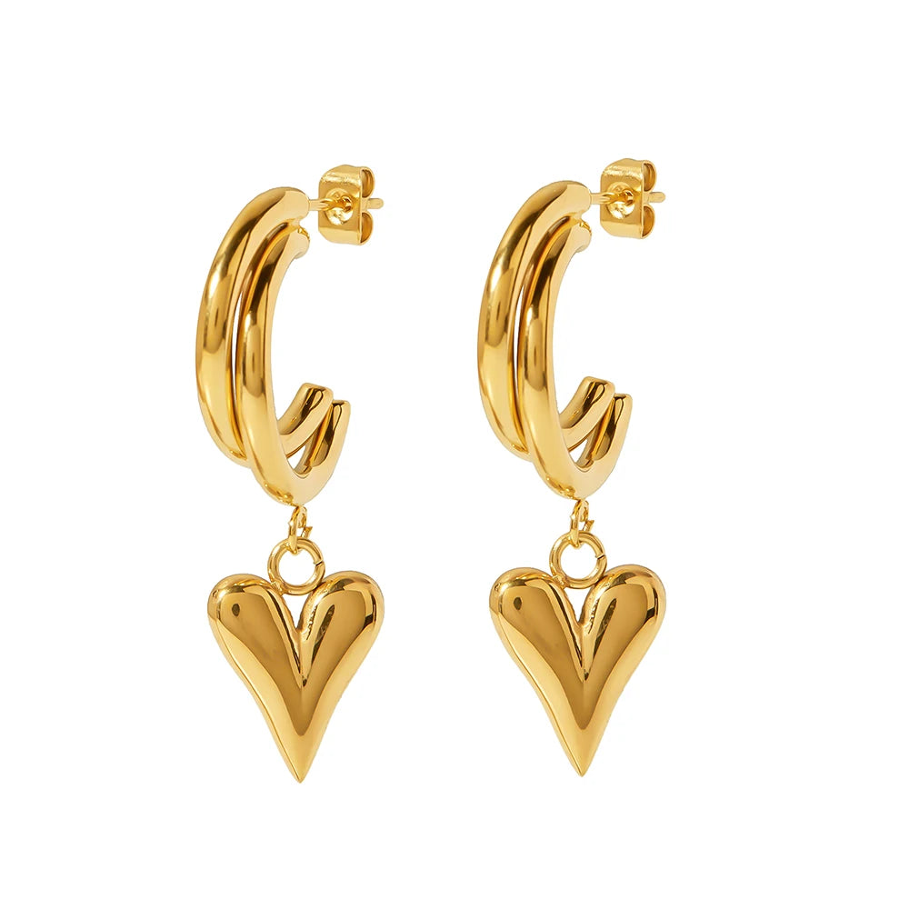 Retro Design Steel Metal 18K Gold Plated C Shaped Love Heart String Hoop Earrings Waterproof Jewelry