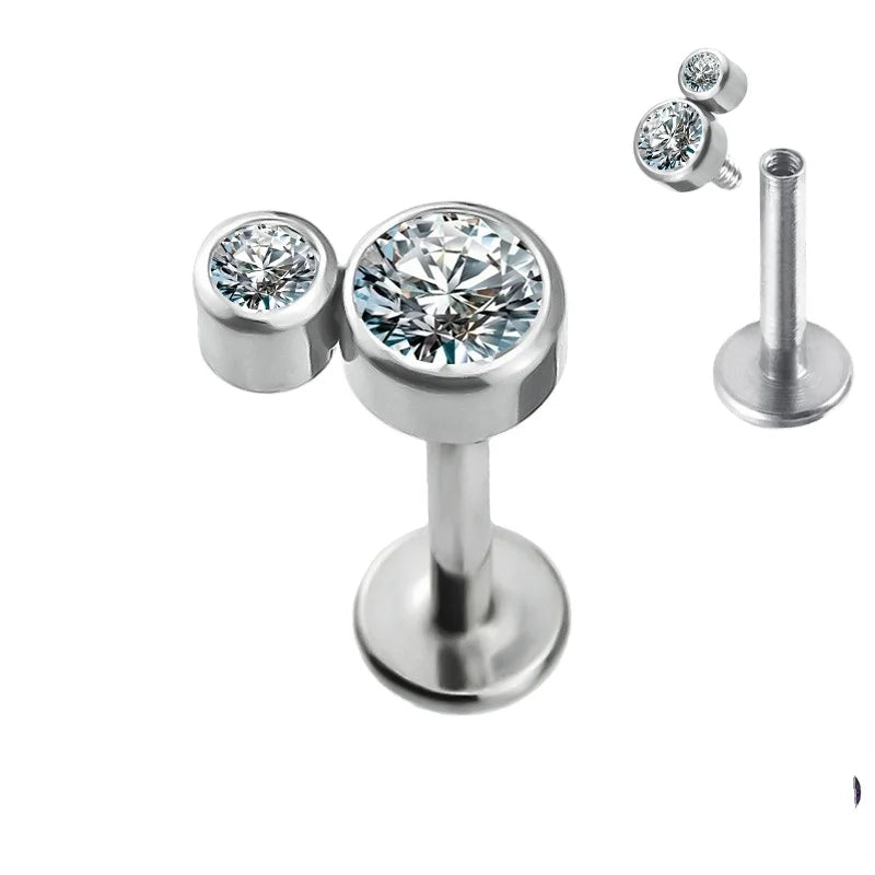 ASTM F136 Titanium Body Piercing Internally Threaded Bezel Set 2-CZ Stone Engagement Rings Zircon High Grade Body Jewelry Stud